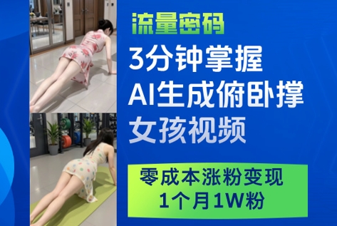 3分钟掌握AI生成俯卧撑女孩视频，零成本涨粉变现，1个月1W粉-ai轻创