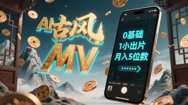 AI一键生成古风音乐MV，0剪辑基础1小时出片，多种变现渠道，一部手机月入5位数-ai轻创