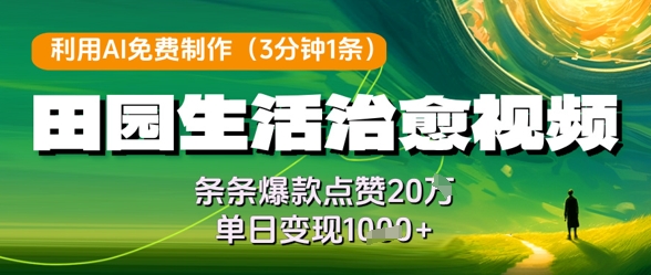 利用AI免费制作田园生活治愈视频，条条爆款点赞20W，单日变现几张-ai轻创