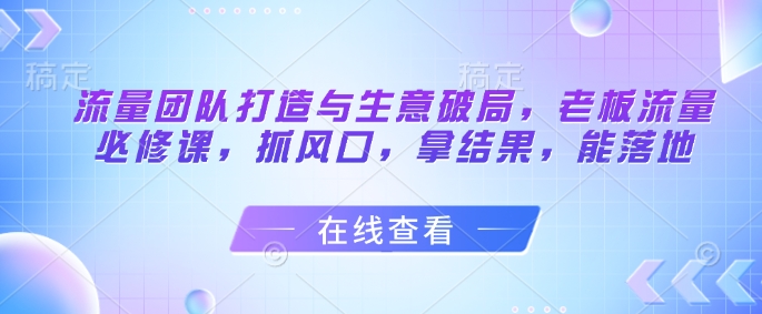 流量团队打造与生意破局，老板流量必修课，抓风口，拿结果，能落地-ai轻创