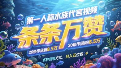 第一人称水族代言视频，条条万赞，20条作品涨粉7.8W，多种变现方式月入五位数-ai轻创